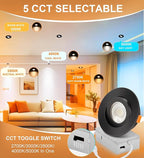 Cloudy Bay Eyeball 5 Color 4 inch Gimbal LED Recessed Light with Junction Box,9.5W CRI90+ 2700K/3000K/3500K/4000K/5000K Selectable,Dimmable Canless Ceiling Spot Light,Damp Location,Black,Pack of 6