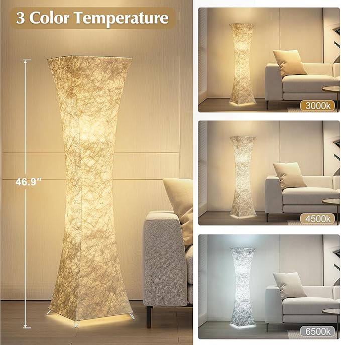 GyroVu Floor Lamp for Living Room, 47“ 3-Color Temperature Standing Corner Floor Lamps, Modern Column Floor Light with White Fabric Shade for Bedroom, Home Office, Kids Room, 2 Bulbs Include