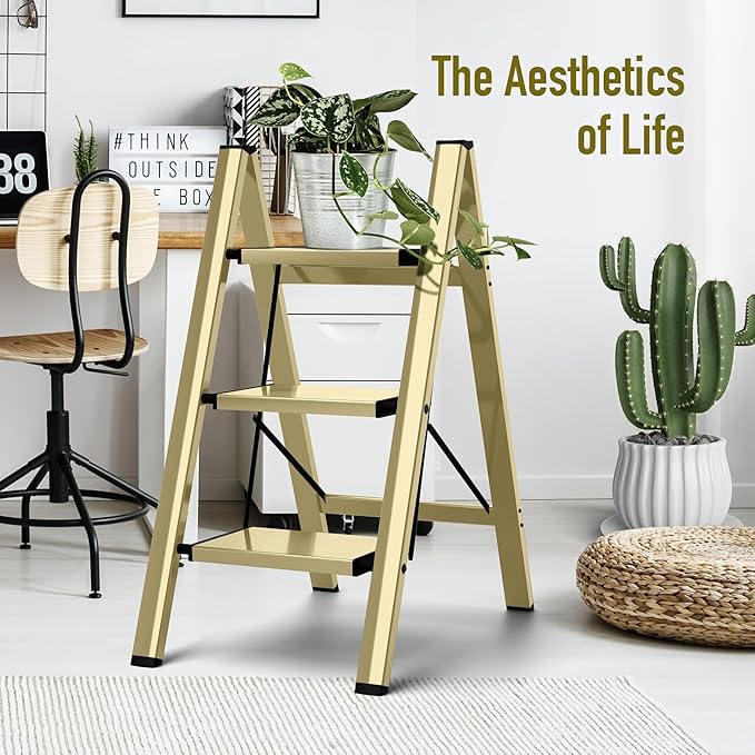 3 Step Ladder,Aluminum Folding Step Stool for Adults,Step Ladder with Wide Anti-Slip Pedal,330 lbs Capacity for Home,Office,Kitchen,Library(Gold)