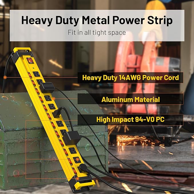 Plug'n 12 Outlet 13 Individual Switches,3300J Surge Protector Power Strip,9FT/14AWG/15AMP/1875W Power Cord,Heavy Duty Metal Power Strip with Cord Manager for Workshop,Garage,Shop