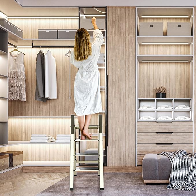 4 Step Ladder, Portable Step Folding, Lightweight Step Ladder with Anti-Slip Pedal, Aluminum Indoor Ladder and Closet, Kitchen - Champagne Gold