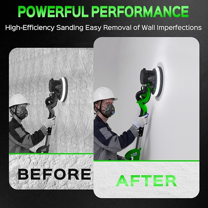 Drywall Sander, 2025 Upgraded 8-Amp Popcorn Ceiling Removal Tool with 7 Variable Speed 800-1800RPM, Drywall Sander with Vacuum Dust Collector with Extendable Handle, LED Light, 12pcs Sanding Discs