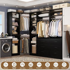 Corner Closet System with 6 Drawers, Closet Organizer System with 14 Shelves & 4 Hanging Rods, 87.2"L * 39.2"W / 63.2"L * 63.2"W Reversible L Shaped Walk-in Closets, Load 2500+LBS, Black
