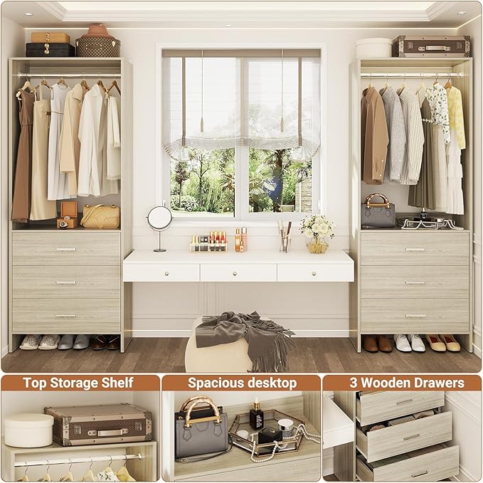 Aheaplus Closet System Closet Organizer, Wood Closet Organizer System, Walk-in Closet or Small Closets Wardrobe, Clothes Rack with Hanging Rods, 4FT Closets, Set of 2, White Oak