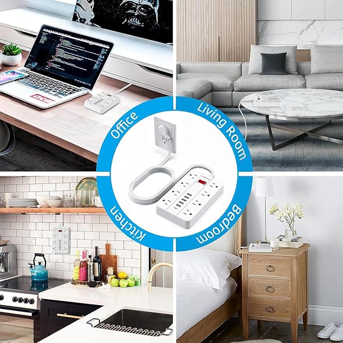 Power Strip Surge Protector, SMNICE Flat Plug Long Extension Cord 10 Ft with 8 Widely Spaced Outlets 6USB(1 USB C) Charging Station, Wall Mount for Dorm Home, Office Accessories,White