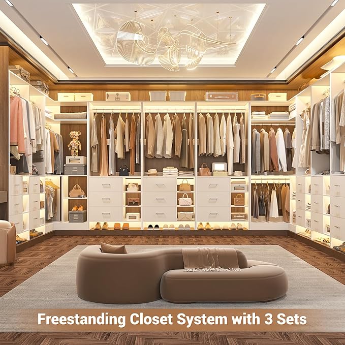 Aheaplus Closet System with 6 Drawers, 4 Hanging Rods & Corner Tower, Corner Closet System with Hanging, 92.6" L-Shaped Walk-In Wardrobe Organizer, 2000+ lbs Capacity, Set of 3, White