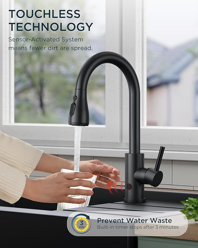 FORIOUS Touchless Kitchen Faucet with Pull Down Sprayer, Black Hands-Free Smart Motion Sensor Sink Faucet Single Handle Contemporary, Suitable for Farmhouse Laundry Camper RV Bar