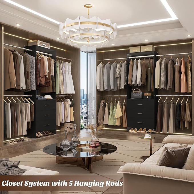 Aheaplus Closet System With 3 Wooden Drawers, Walk-in Wardrobe Organizer, Clothes Rack With 4 Hanging Rods, Garment Rack, -4R, Black