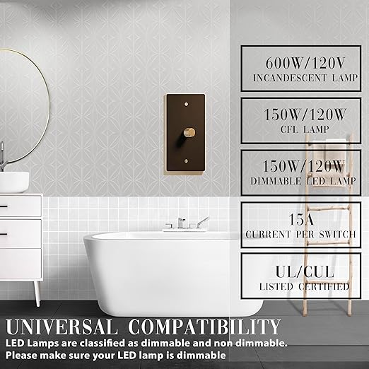 Brass Dimmer Light Switch – 120V AC – Solid Brass Wall Plate for LED Bulbs – Handcrafted Rotary Dimmer with Knurled Knob – UL Listed Flicker-Free Dimming | Vintage Style Light Control for Home Décor