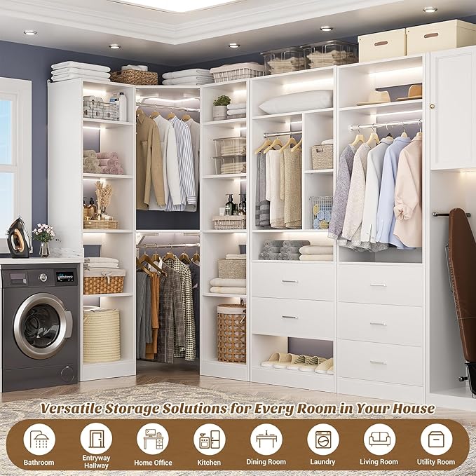 Corner Closet System with 5 Drawers, Closet Organizer System with 15+Shelvess & 4 Hanging Rods, 63.2"L * 63.2"W / 87.2"L * 39.2"W Reversible L Shaped Walk-in Closets, Load 2500+LBS, White