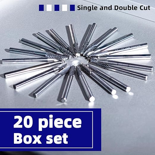 20PCS Carbide Rotary File Set 1/8" Shank Professional Carbide Burr Bits Kit for Precision Metal/Wood Carving, CNC Deburring & Jewelry Making