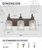 3 Light Bathroom Vanity Light - HWH Bathroom Lights Over Mirror Farmhouse Vanity Sconce Wall Lighting with Bell-Shaped Clear Glass, Oil-Rubbed Bronze Finish, 5HZG106B-3W ORB