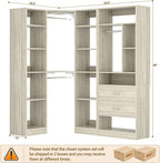 Corner Closet System with 2 Sets, 63.2" Corner Closet Organizer System with 2 Drawers + 18 Shelves + 3 Hanging Rods, Reversible L Shaped Walk-in Closets, White Oak (63.2" L x 39.2" W x 80" H)