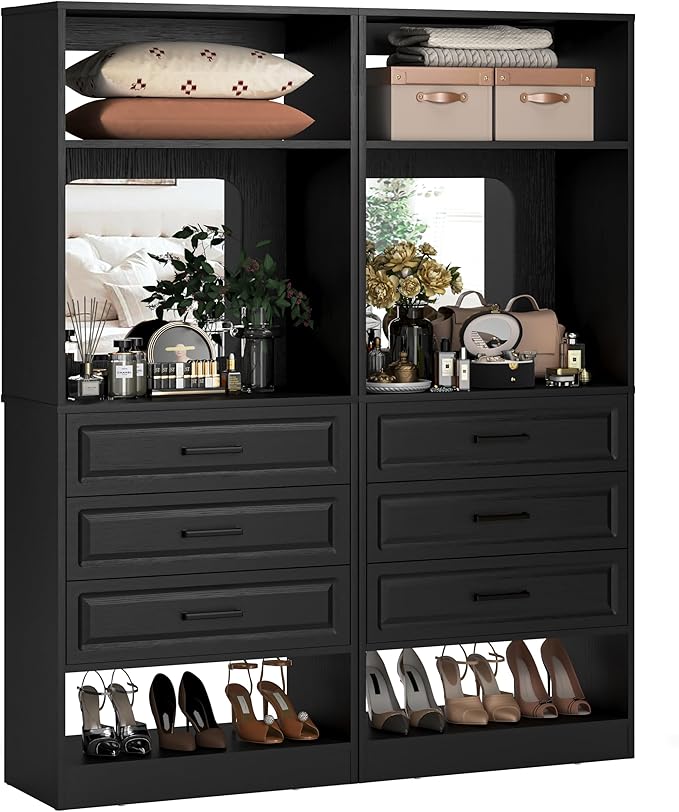 Unikito 50" Freestanding Closet System with 6 Drawers, 4FT Closet Organizer Wardrobe with Storage Shelves and Mirror, Heavy Duty Wood Walk-in Closet Towers for Bedroom, Max Load 1000 LBS, Black