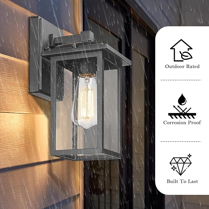 Outdoor Wall Sconces 2 Pack, Exterior Light Lantern Fixtures, Porch Light Lamps Outdoor Wall Mounted in Black Finish with Seeded Glass for House, Garage, Patio, Yard, Garden