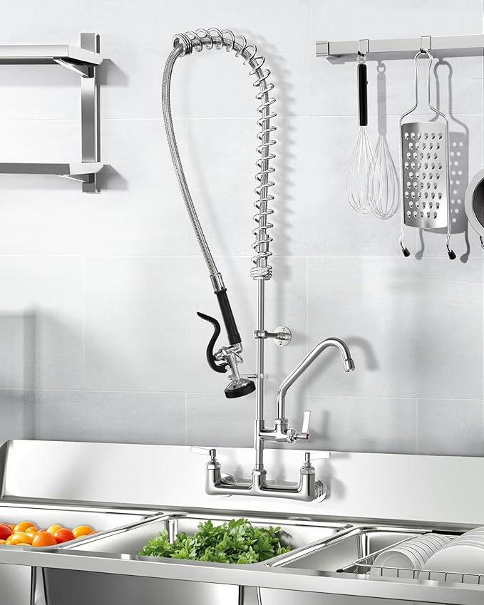 Commercial Kitchen Faucet Heavy Duty Wall Mount Sink Faucet, 8 Inch Center 47 Inch Commercial Kitchen Faucet with Pre-Rinse Sprayer and 14 Inch Add-On Spout for 1,2,3 Compartment Sinks