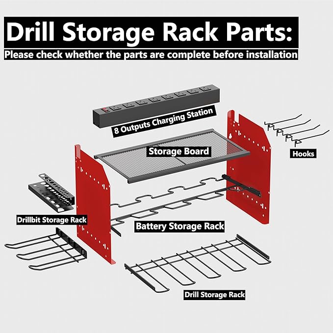 Wall Mount Drill Storage Rack with Charging Station Power Tool Organizer Drill Holder Drill Bit Organizer for Garage Workshop Holds 4 Drills with 8 Outlet Power Strip Christmas Gift(Red)