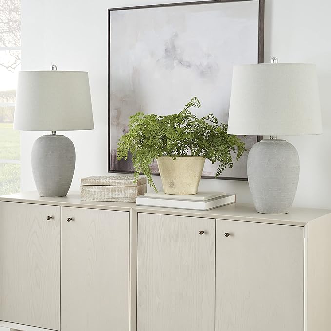 Nourison Home 23" Vintage Grey (White Washed) Ceramic Pot Table Lamp for Bedroom, Living Room, Dining, Office, with Grey Shade