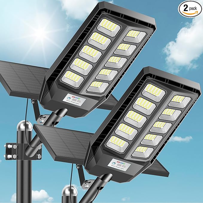 Solar Lights Outdoor Waterproof, 7000K Dusk to Dawn Solar Street Lights Outdoor Motion Sensor with Remote, LED Security Flood Light for Outside, Parking Lot, Yard, Garden, Garage, 2 Pack