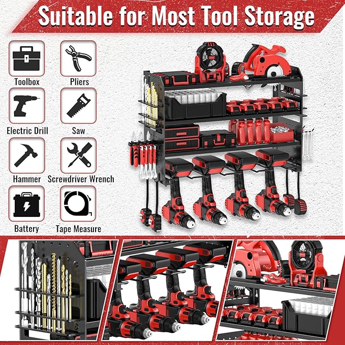 Power Tool Organizer Wall Mount, Metal Power Tool Storage Rack with Screwdriver Holder, Garage Tool Storage Shelves with Screwdriver Holder Plier Holder (Black, 4 Drills Holder)