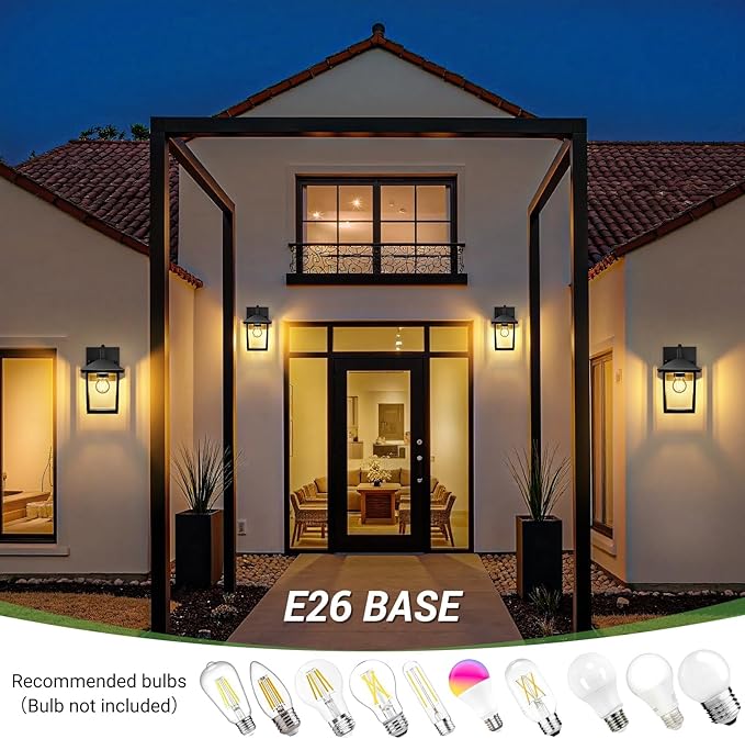 zemty Dusk to Dawn Outdoor Lighting Fixtures Wall Mount, Matte Black Outdoor Porch Lights with E26 Socket, Waterproof Exterior Wall Sconce for House, Doorway, Garage(Bulb Not Include)