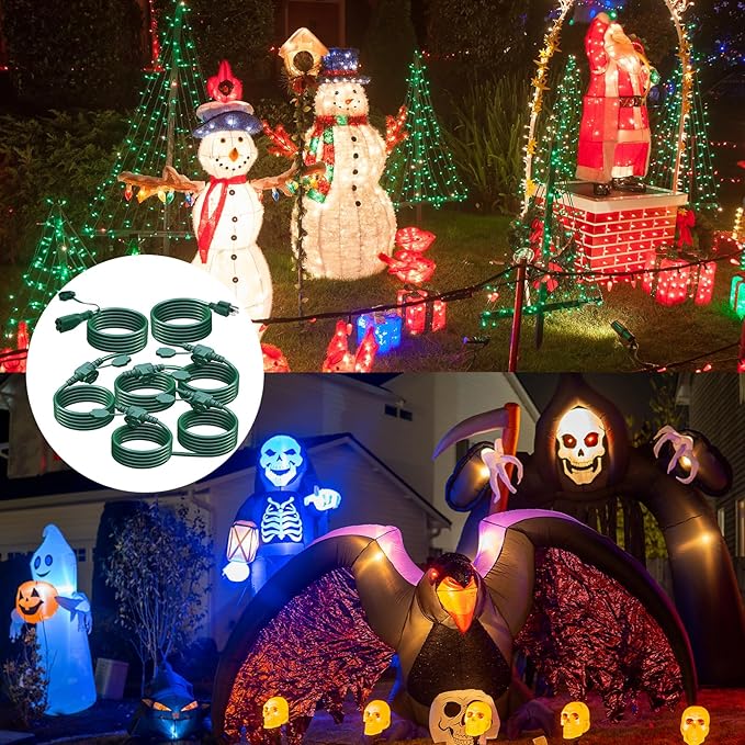 50Ft Outdoor Extension Cord Multiple Plugs- Evenly Spaced 6 Outlets Plugs with Safety Cover, 16/3 SJTW Green Outdoor Extension Cord for Landscape, Christmas Tree Lights, Holiday, ETL Listed