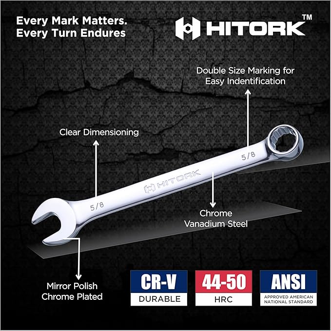 HITORK 32 Piece Wrench Set SAE & Metric 20 Standard & 12 Stubby Combination Wrenches Cr-V Steel 12-Point Mirror Finish 15° Offset with Organizer Tray Ideal for Auto & Home Repair