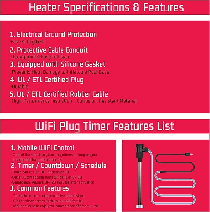 2000W Immersion Water Heater for Pool & Hot Tub – Portable Electric Submersible Heater with Auto Shut-Off, and WiFi Timer for Above Ground Pool, Bathtub, Swimming pool, Spa and Inground pool