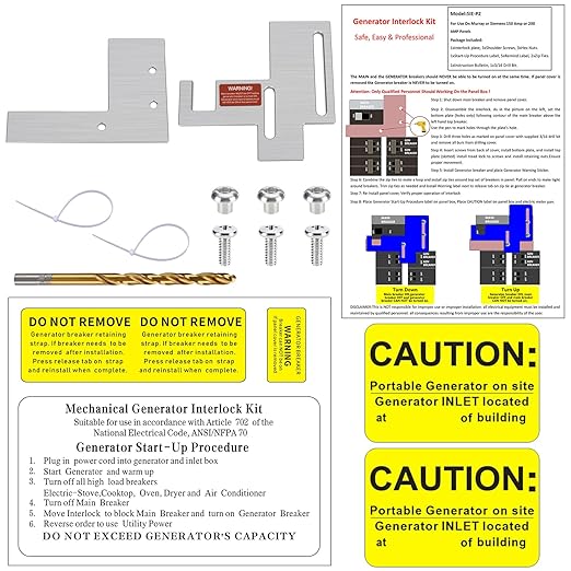 Generator Interlock Kit Compatible with Murray or Siemens 150 Amp or 200 Amp Panels, 7/8-1 1/4 inches Spacing Between Main and Branch Breaker