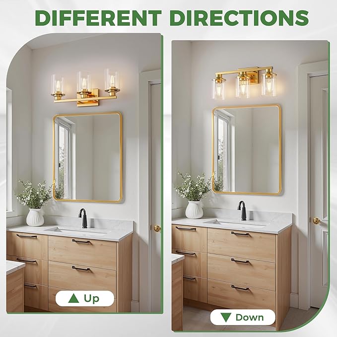 DORESshop 17 Inch Bathroom Light Fixtures, 3-Light Brushed Gold Bathroom Lighting Fixtures Over Mirror with Clear Glass Shade, Vanity Lights for Living Room Bedroom