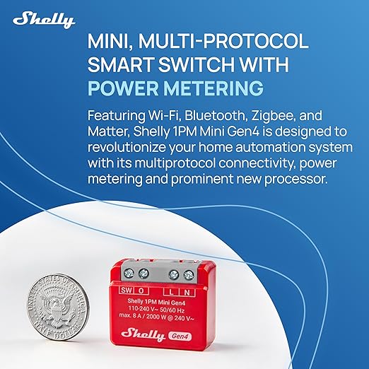 Shelly 1PM Mini Gen4 | Wi-Fi, Zigbee, Matter Smart Relay Switch with Power Metering, 1-Channel 8A | Home Automation | Alexa, SmartThings, Google Home, Apple HomeKit Compatible | iOS Android App