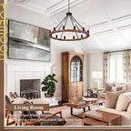 31.5'' Wooden Wagon Wheel Chandelier Farmhouse 12 Lights Wood Round Chandelier Black Rustic Light Fixture for Living Dining Room Entryway Foyer Kitchen