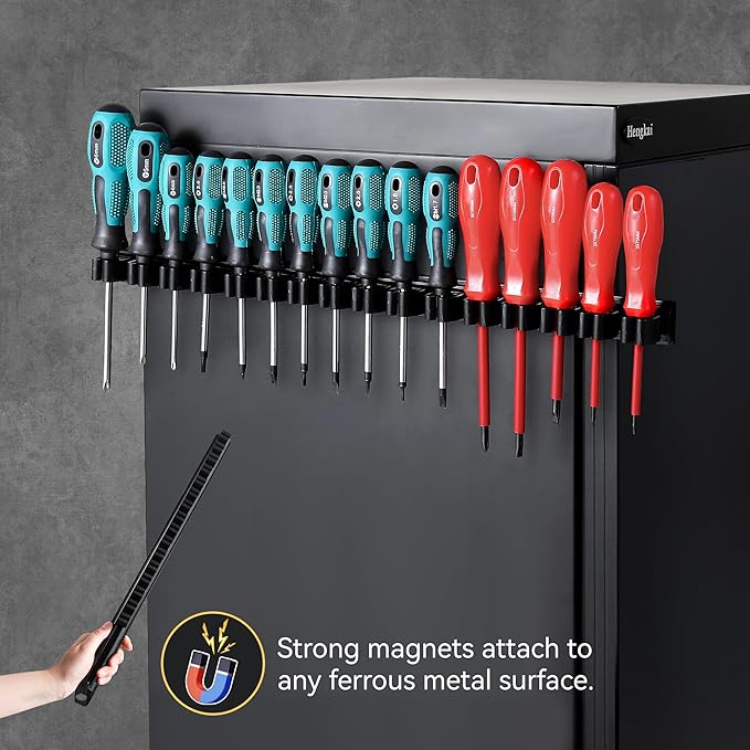 Magnetic Screwdriver Organizer, Aluminum Alloy Rail Tool Holder, Fits Up to 16 Screwdrivers (Black)