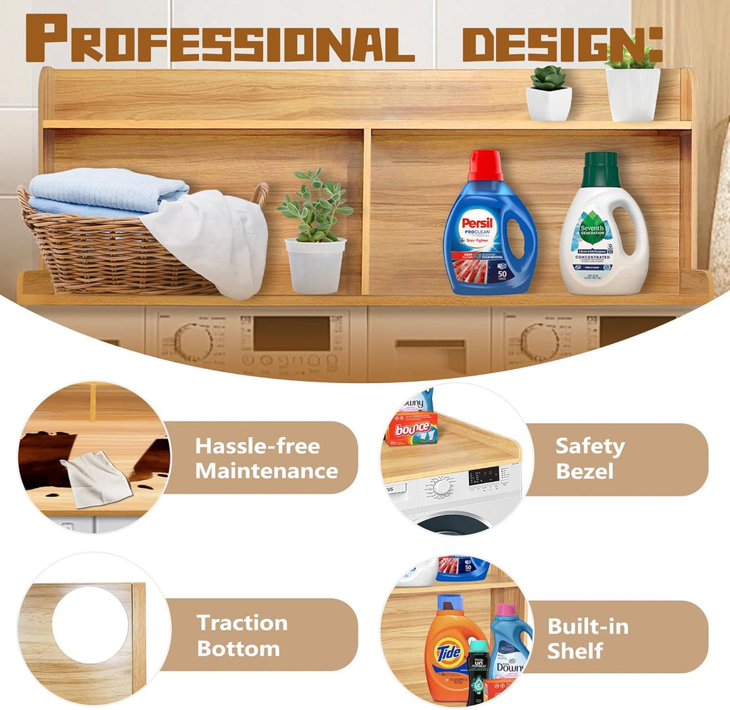 Royxen 2-Tier Washer Dryer Countertop,19.5" H Wood Washer Dryer Topper with Storage Shelf,Laundry Countertop Over Washer and Dryer, Universal Fit for Laundry Room Organization (Oak, 54" W X 27.5" D)