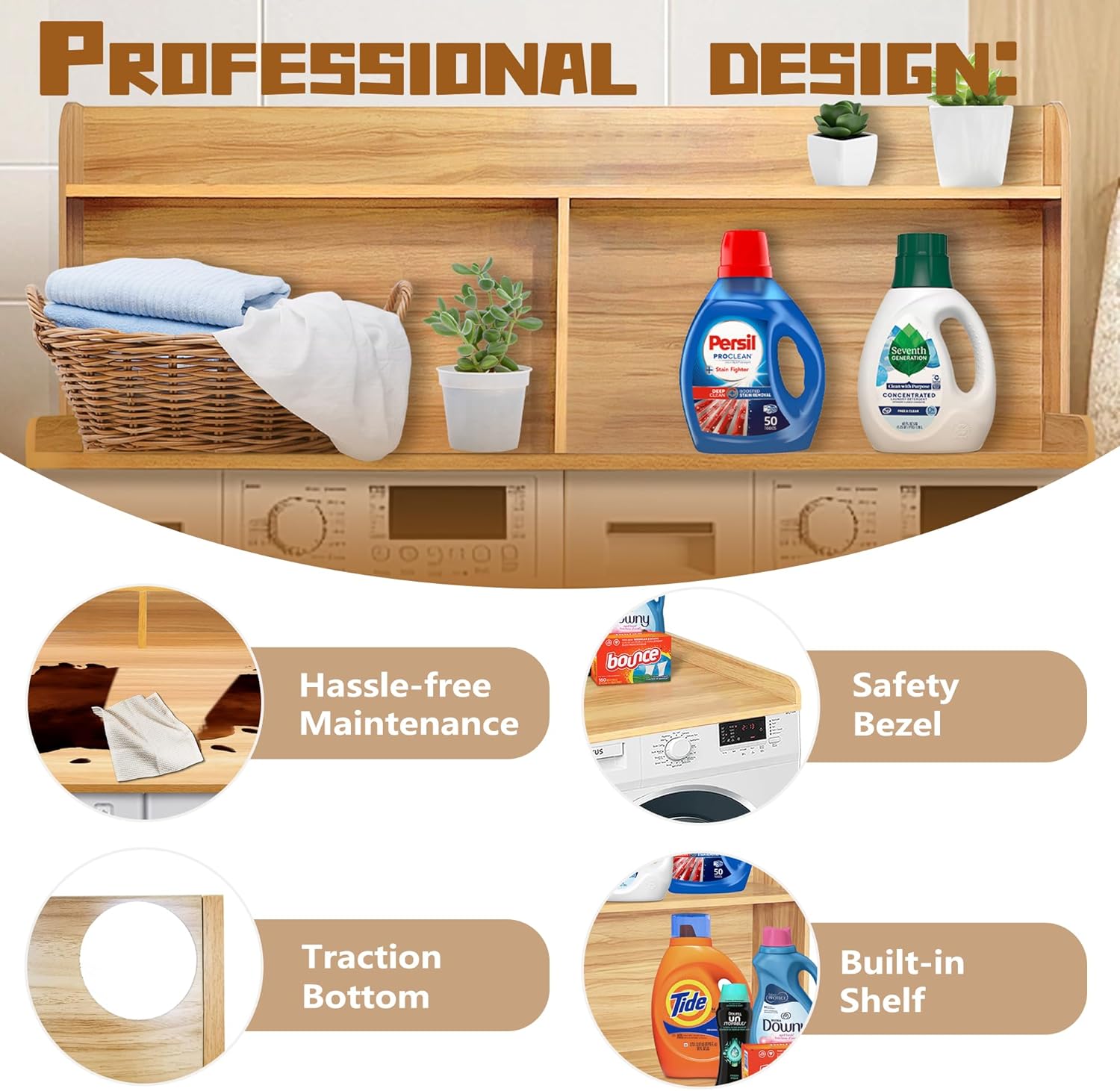 Royxen 2-Tier Washer Dryer Countertop,19.5" H Wood Washer Dryer Topper with Storage Shelf,Laundry Countertop Over Washer and Dryer, Universal Fit for Laundry Room Organization (Oak, 54" W X 27.5" D)