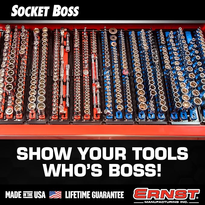 Ernst Mfg. 8493 RD Socket BOSS Tray High-Density System with (2) Red 13" Socket Rail + (28) Twist Lock Clips, 3/8" Drive - Made in USA