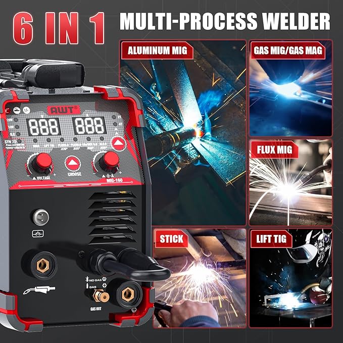AWT Simplified Aluminum 160A MIG Welder,6 in 1 Gas MIG/Gasless Flux Core MIG/Stick/Lift TIG/Aluminum MIG Welding Machine, 110/220V Dual Voltage,Multi-Process Welding Machine