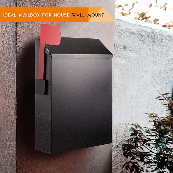 Tandefio 1 Pcs Wall Mount Mailbox with Red Mailbox Flag Reflective Sticker Keys Outdoor Steel Rustproof Lock Post Boxes Outdoor, 11.4 x 8.7 x 2.6 Inches, Black