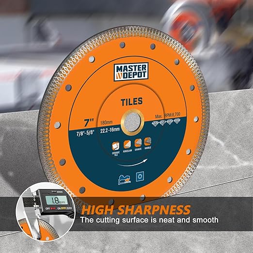 7 Inch Ultra-Thin Turbo Mesh Diamond Blade for Cutting Porcelain, Ceramic, Marble, Granite, 2 Pack for Handheld Saws and Angle Grinders, Dry and Wet Use, 7/8"-5/8" Arbor