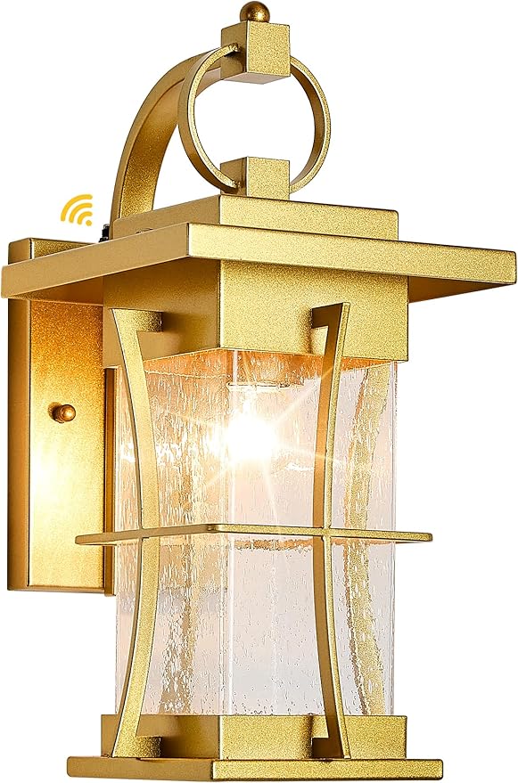 Gold Dusk to Dawn Outdoor Wall Lantern Exterior Light Fixtures Wall Mount Porch Light with Photocell Sensor Waterproof Outside Sconce for House, Patio, Garage,Seeded Glass Outside Wall Lamps