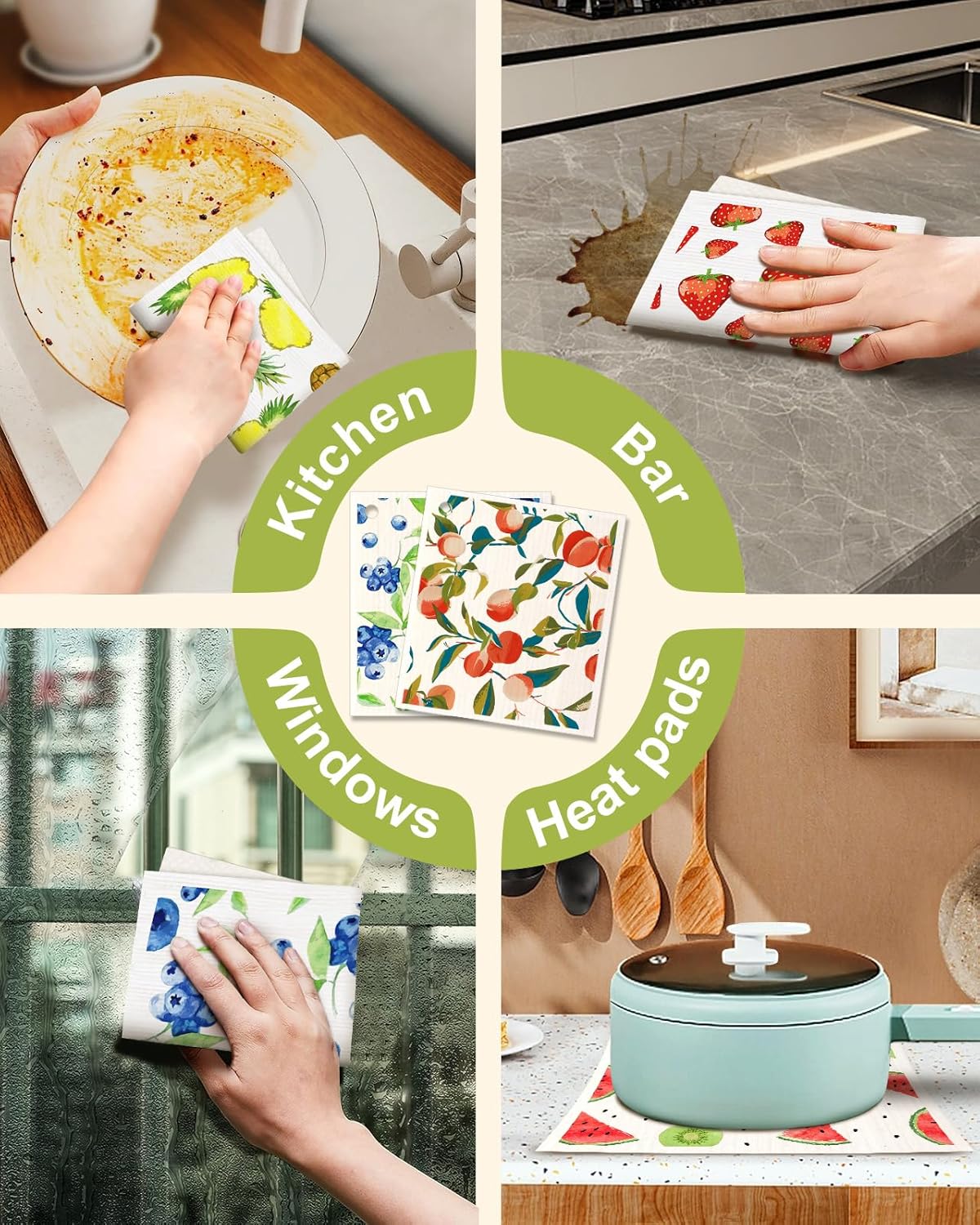 6 Pack Swedish Dishcloths for Kitchen - Reusable Dish Cloths for Washing Dishes Absorbent Cute Funny Kitchen Towels Cleaning Sponge, Lemon Fruit