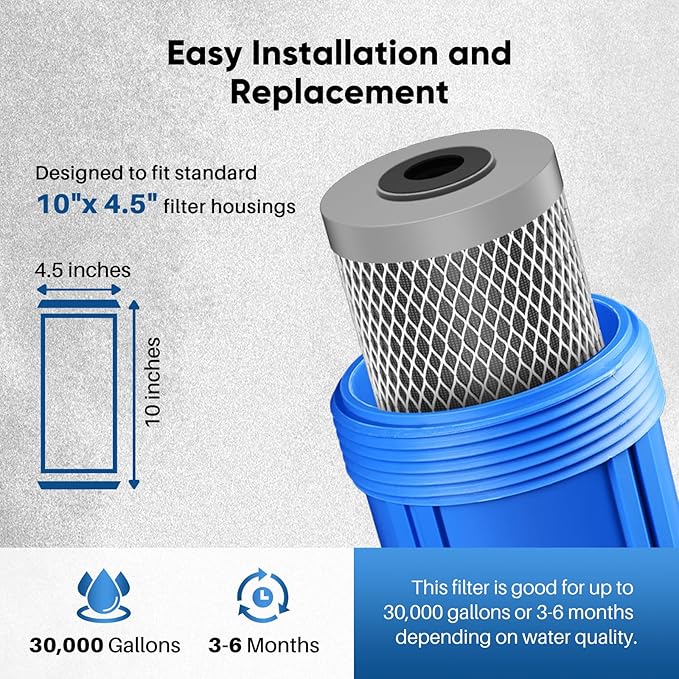 PUREPLUS 5 Micron 10" x 4.5" Whole House Activated Carbon Water Filter, Enhanced Lead Removal Carbon Replacement Cartridge, Compatible with GE GXWH40L, GXWH35F, BB10, FXHTC, FC15B, CTO10BB-CQB, 2PACK