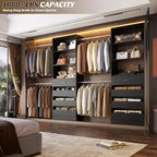 Aheaplus Closet System, 4-9Ft Closet Organizer with 4 Wooden Drawers, Wood Closet Organizer System with Tower, Walk-in Closet Organizer Wardrobe Clothes Rack with 4 Hanging Rods, Garment Rack, Black