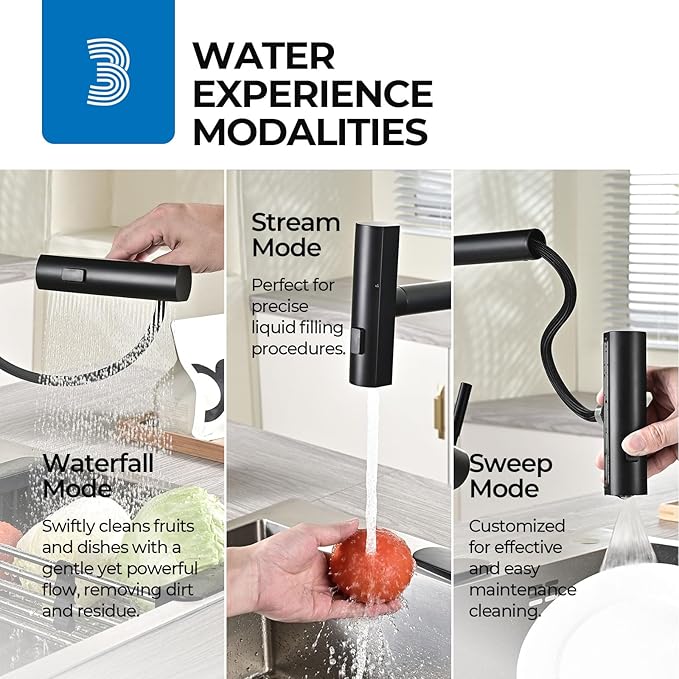 WEWE Waterfall Kitchen Faucet with Pull Down Sprayer, Black Kitchen Faucet with 3 Modes(Sweep/Stream/Waterfall) Swivel Switch Mode,Single Handle Kitchen Sink Faucet