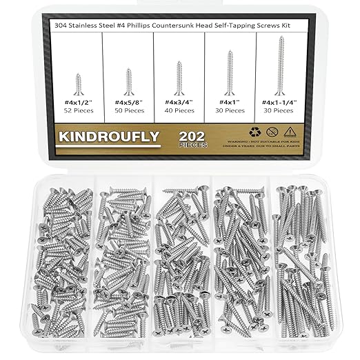 202 Pieces #4 x 1/2" 5/8" 3/4" 1" 1-1/4" Phillips Countersunk Head Self-Tapping Screws, Wood Screws Assortment Kit, 304 Stainless Steel