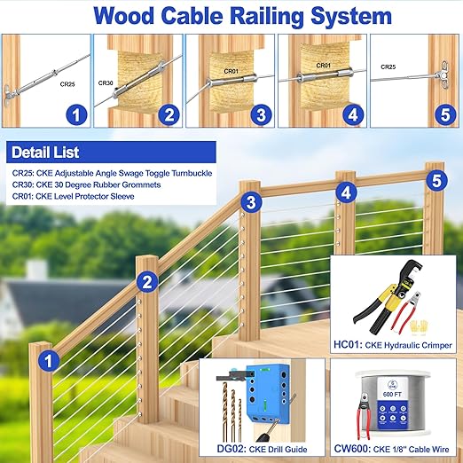CKE 50 Pairs Cable Railing Kit 1/8" Swage Toggle Turnbuckle Hardware T316 Stainless Steel Cable Railing Hardware for Wood Post, Angle 180° Adjustable Stairs Deck Cable Railing Kit 20 Cable Lines, CR25
