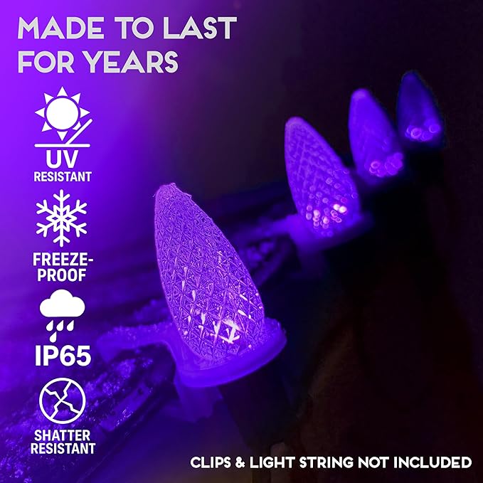 HLO Lighting Set of 25 Purple c9 Faceted LED Christmas Light Bulbs for Indoor & Outdoor Use | Durable Replacement Bulb