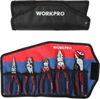 WORKPRO Pliers Set, Premium Cr-V Construction, Includes 6 Inch Slip Joint, Long Nose, Diagonal Cutting, 8 Inch Groove Joint, 7 Inch Linesman and Storage Pouch, for Basic Repair
