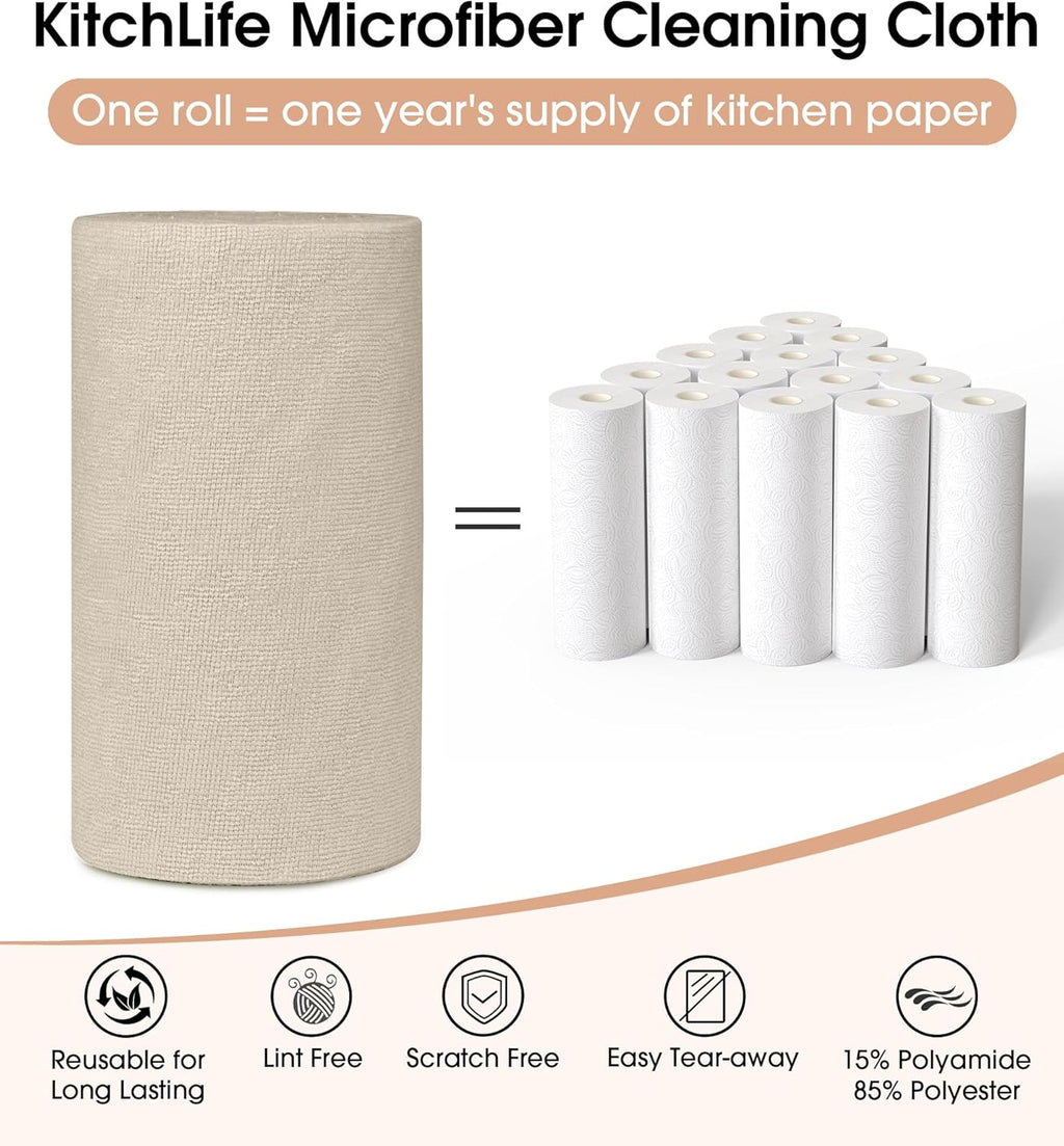 KitchLife Microfiber Cleaning Cloth Roll, 100 Pack - Tear-Away Microfiber Paper Towels, Lint-Free, Reusable, Washable for Kitchen, Car, Dishes, and Sensitive Surfaces (Sand Beige)