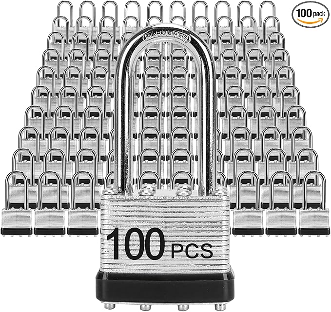 Padlocks with Same Key, LQYN 100 Pcs Laminated Keyed Padlock (1-9/16", 40mm), Keyed Alike Locks, Long Shackle, for Storage Locker, Hasp Latch, Toolbox, Sheds